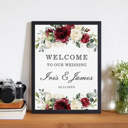 Rustic Burgundy Ivory Floral Wedding Welcome Customized Photo Printed Rectangle Vertical Canvas Frame