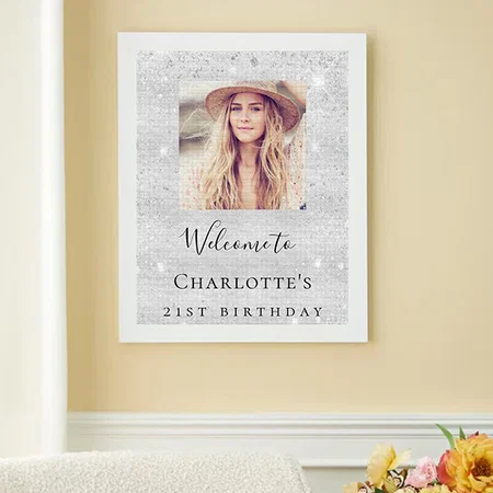 Birthday Party Silver Glitter Photo Name Welcome Customized Photo Printed Rectangle Vertical Canvas Frame
