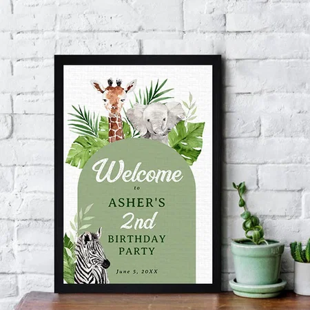 Safari Animals Arch Birthday Welcome Sign Customized Photo Printed Rectangle Vertical Canvas Frame