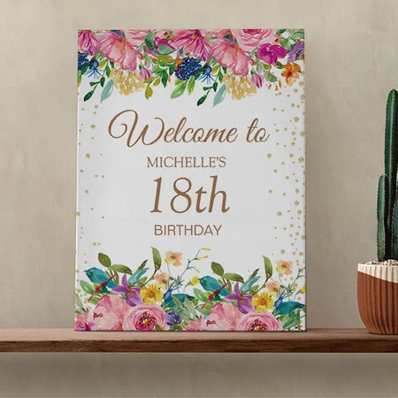 Pink Yellow Floral 18th Birthday Customized Photo Printed Rectangle Vertical Canvas Frame