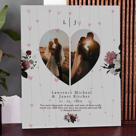 Cute White Heart Shaped Photo collage For Couple Customized Photo Printed Rectangle Vertical Canvas Frame