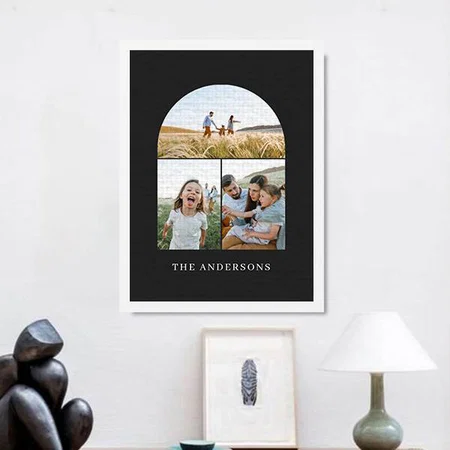 Black 3 Photo Modern Minimal Elegant Arch Customized Photo Printed Rectangle Vertical Canvas Frame
