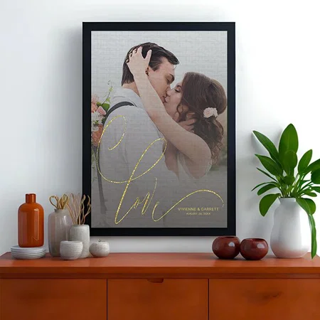 Wedding Photo Gold Love Calligraphy Customized Photo Printed Rectangle Vertical Canvas Frame