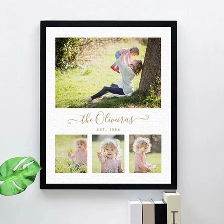 Photo Collage Family Name Simple Modern Customized Photo Printed Rectangle Vertical Canvas Frame