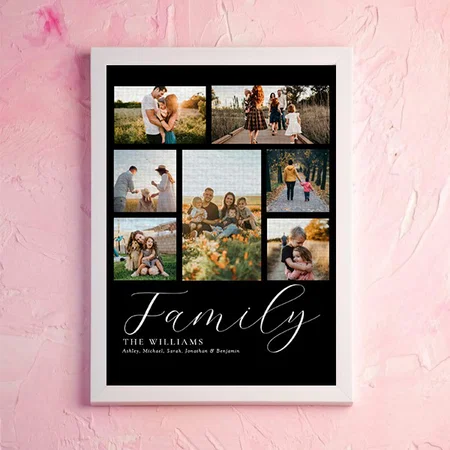 Modern Custom Photo Collage Elegant Script Family Customized Photo Printed Rectangle Vertical Canvas Frame