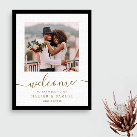 Elegant Gold Calligraphy Photo Wedding Welcome Customized Photo Printed Rectangle Vertical Canvas Frame
