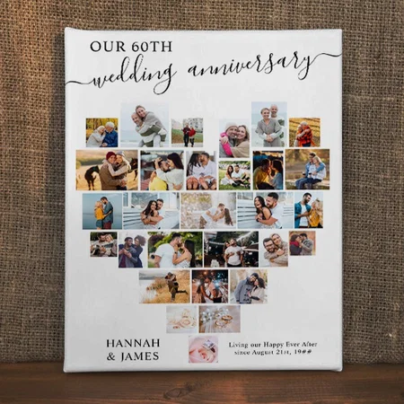 Wedding Anniversary Script Heart Photo Collage Customized Photo Printed Rectangle Vertical Canvas Frame