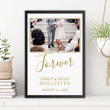 Forever Elegant Golden Script Wedding Photo Customized Photo Printed Rectangle Vertical Canvas Frame