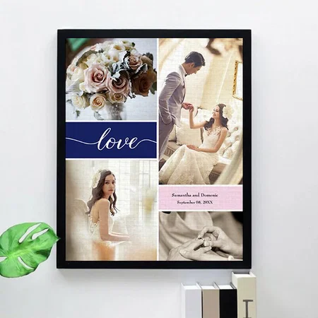 Blue and Pink Elegant Love Wedding Photos Customized Photo Printed Rectangle Vertical Canvas Frame
