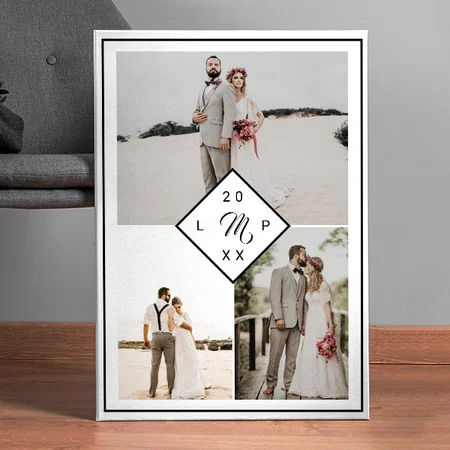 Classic Monogram 3 Photo Grid Collage Wedding Customized Photo Printed Rectangle Vertical Canvas Frame