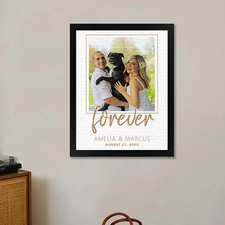 Forever Elegant Golden Script Wedding Customized Photo Printed Rectangle Vertical Canvas Frame