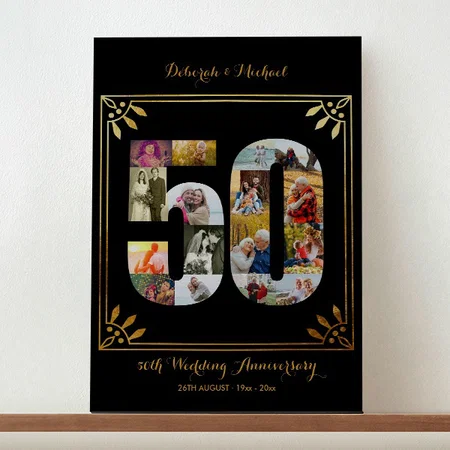 50th Gold Wedding Anniversary Photo Collage Customized Photo Printed Rectangle Vertical Canvas Frame