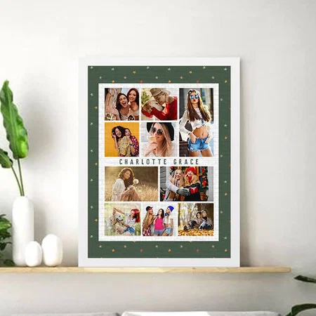 10 Photo Modern Stars Stylish Green Name Customized Photo Printed Rectangle Vertical Canvas Frame