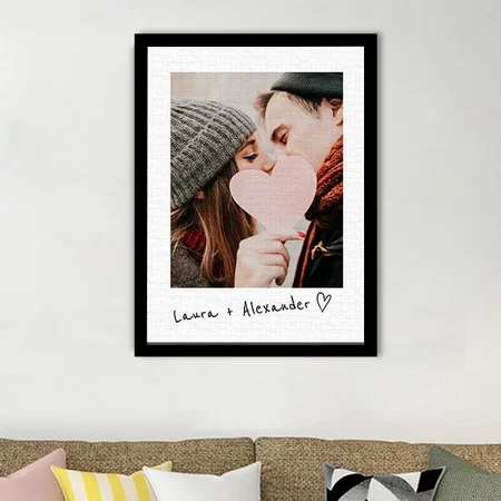Modern Cool Casual Script Heart Photo Chic Wedding Customized Photo Printed Rectangle Vertical Canvas Frame