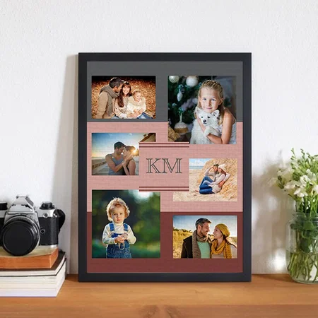 Monogram 6 Photo Collage on Maroon Pink and Grey Customized Photo Printed Rectangle Vertical Canvas Frame