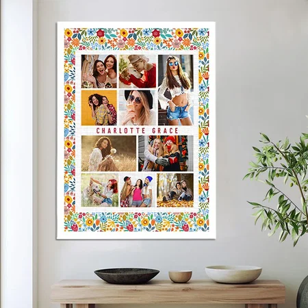 10 Photo Modern Trendy Floral Stylish Name Customized Photo Printed Rectangle Vertical Canvas Frame
