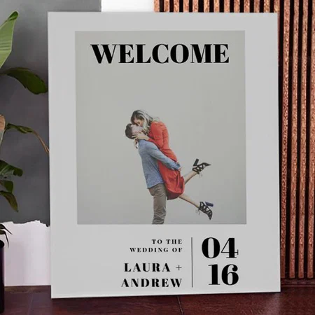 Simple Modern Bold Photo Script Wedding Welcome Customized Photo Printed Rectangle Vertical Canvas Frame