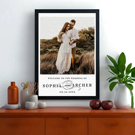 Elegant Script Black and White Wedding Welcome Customized Photo Printed Rectangle Vertical Canvas Frame