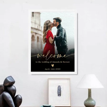 Simple Minimalist Black Gold Photo Wedding Welcome Customized Photo Printed Rectangle Vertical Canvas Frame