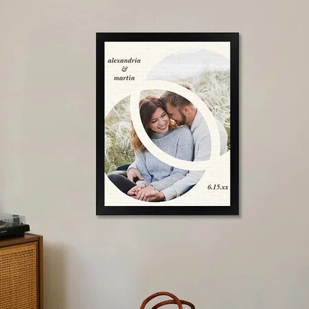 Modern Trendy 2 Circle Photo Frame Wedding Date Customized Photo Printed Rectangle Vertical Canvas Frame