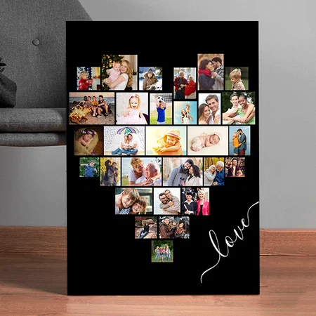 Love Script Heart Shaped 29 Photo Collage Customized Photo Printed Rectangle Vertical Canvas Frame