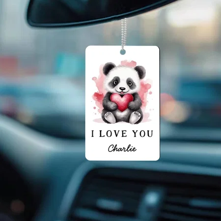 Valentines Day Cute Panda Holding Heart Name Customized Printed Car Hanging