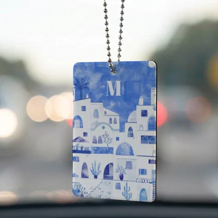 Santorini Monogram Watercolor Art Customized Printed Car Hanging
