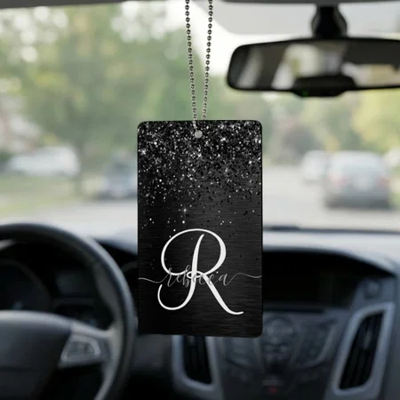 Black Glitter Sparkle Monogram Customized Printed Car Hanging
