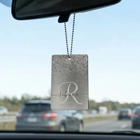 Silver Brushed Metal Glitter Monogram Name Customized Printed Car Hanging