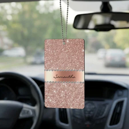 Rose Gold Diamond Glitter Bling Monogram Customized Printed Car Hanging