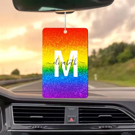 Chic Rainbow Glitter Stripes Monogram Name Customized Printed Car Hanging