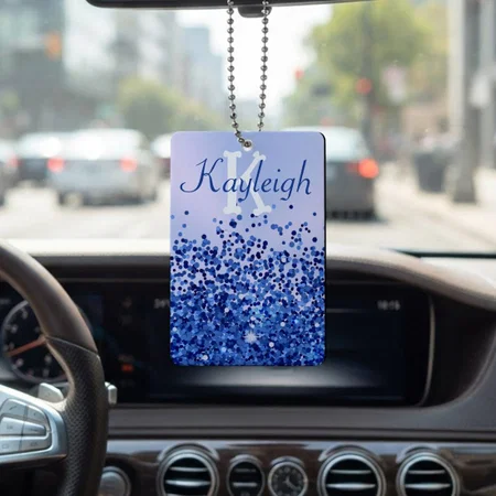 Simple Blue Brushed Metal And Glitter Monogram Customized Printed Car Hanging