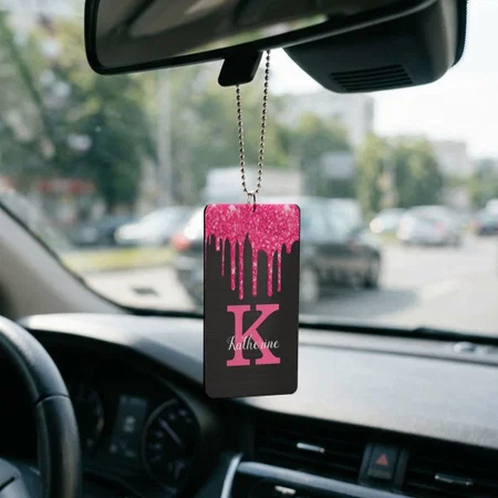 Girly Black Hot Pink Glitter Drips Monogram Name Customized Printed Car Hanging