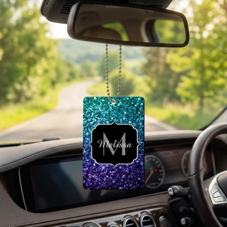 Aqua Blue Ombre Faux Glitter Sparkles Monogram Customized Printed Car Hanging