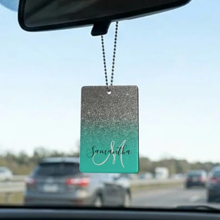 Monogram Turquoise And Silver Ombre Glitter Customized Printed Car Hanging