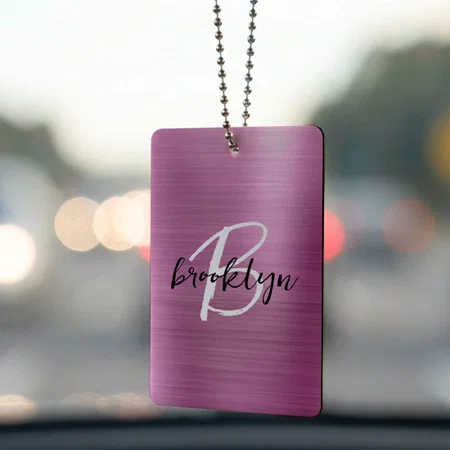 Glam Pink Brushed Metal Black White Monogram Customized Printed Car Hanging