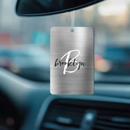 Silver Brushed Metal Black White Script Monogram Customized Printed Car Hanging