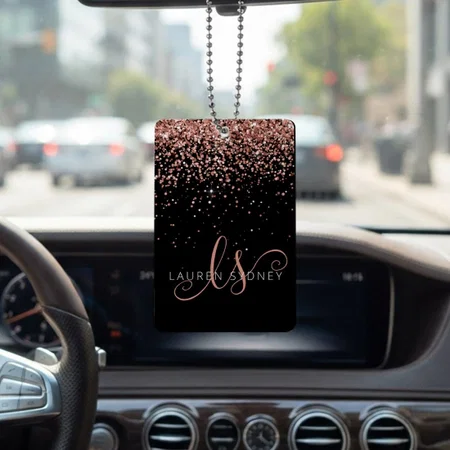 Rose Gold Blush Pink Glitter Glam Monogram Name Customized Printed Car Hanging
