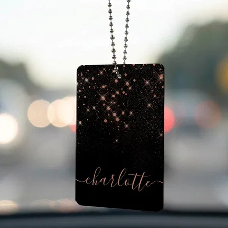 Rose Gold Glitter Sparkly Elegant Glamorous Script Customized Printed Car Hanging