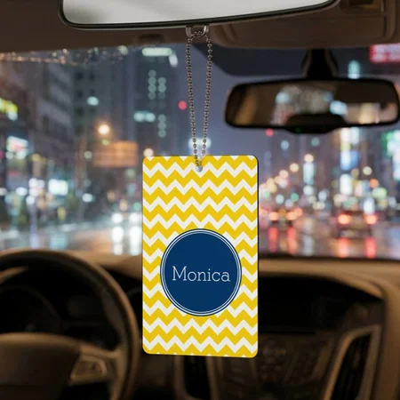 Yellow And Blue Chevron Pattern With Monogram Customized Printed Car Hanging