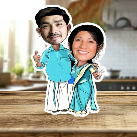 South Indian Couple Customized Photo Printed Wooden Caricature Bobble Head - 5 x 7 Inches