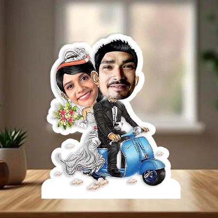 Just Married Couple Customized Photo Printed Wooden Caricature Bobble Head - 5 x 7 Inches