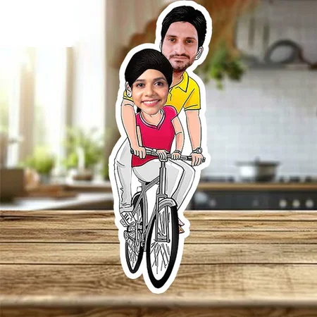 Bicycle Couple Customized Photo Printed Wooden Caricature Bobble Head - 5 x 7 Inches