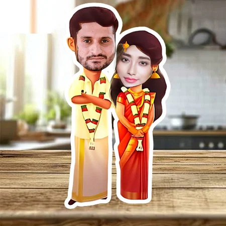 Newlywed South Indian Couple Customized Photo Printed Wooden Caricature Bobble Head - 5 x 7 Inches