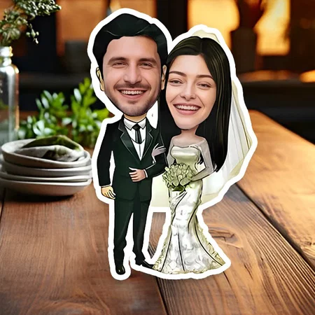 Wedding Couple Customized Photo Printed Wooden Caricature Bobble Head - 5 x 4 Inches