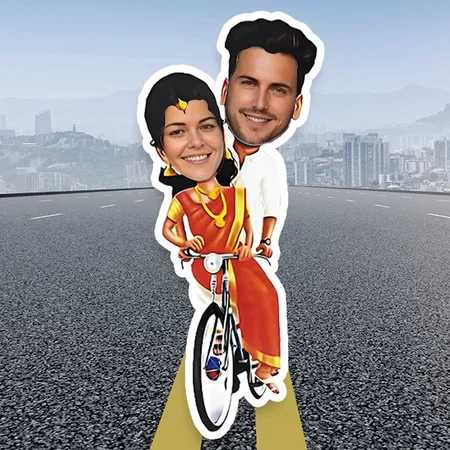 Just Married Bicycle Couple Customized Photo Printed Wooden Caricature Bobble Head - 5 x 7 Inches