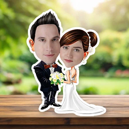 Western Wedding Couple Customized Photo Printed Wooden Caricature Bobble Head - 5 x 7 Inches