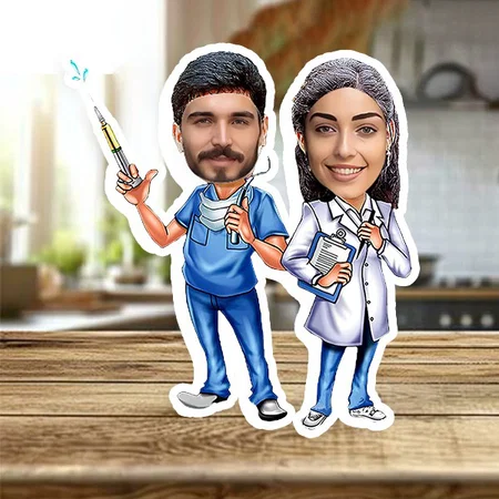 Doctor Couple Customized Photo Printed Wooden Caricature Bobble Head - 5 x 7 Inches