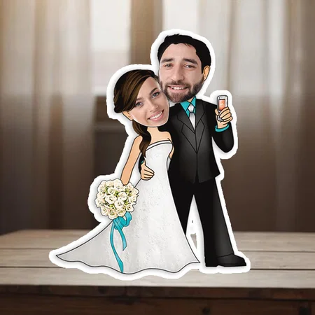 Christian Wedding Couple Customized Photo Printed Wooden Caricature Bobble Head - 5 x 7 Inches