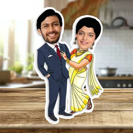 Wedding Couple Customized Photo Printed Wooden Caricature Bobble Head - 5 x 7 Inches